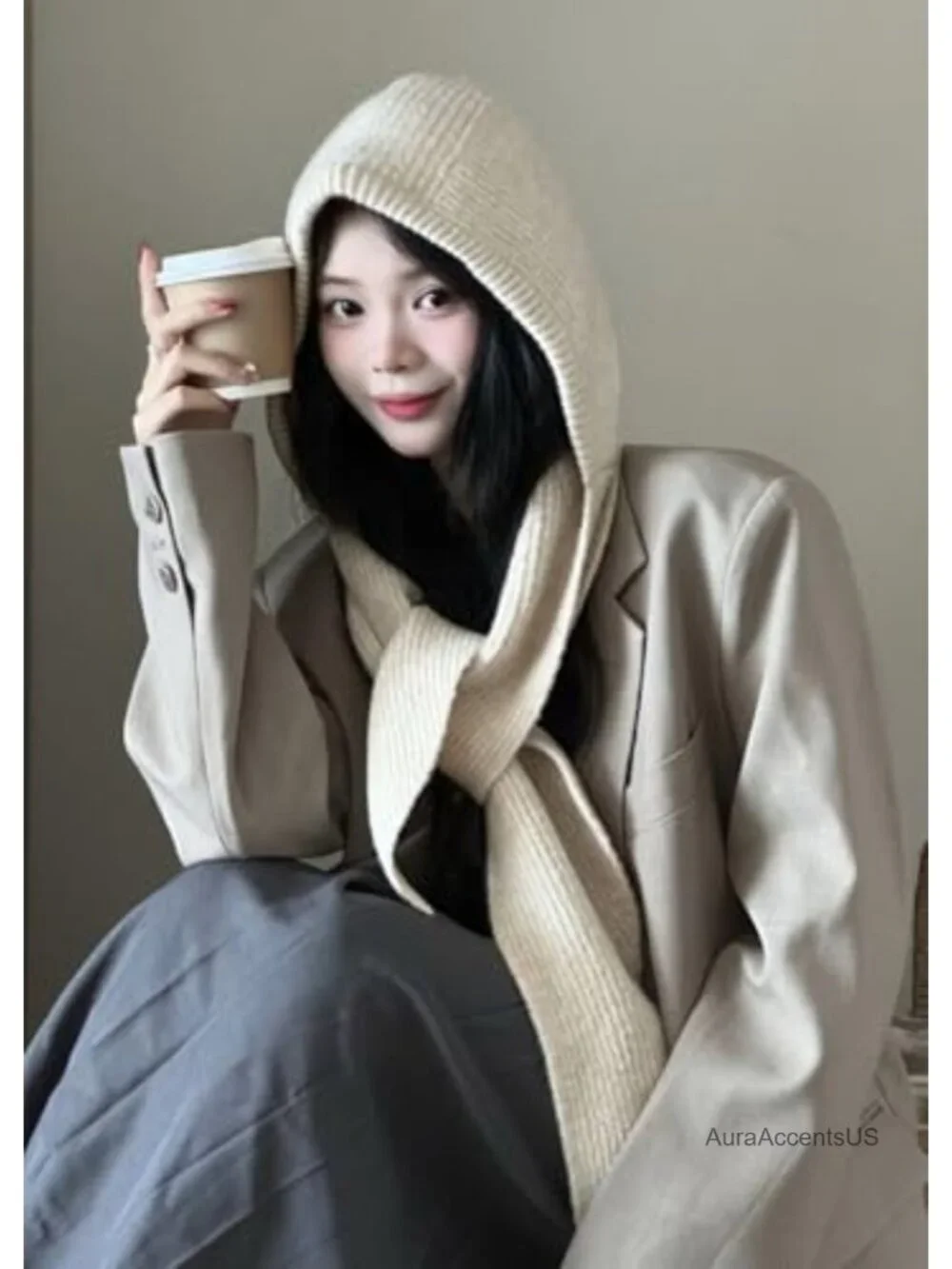 Women's Winter Knitted Beanie Balaclava Hooded Scarf Hat Neck Warmer